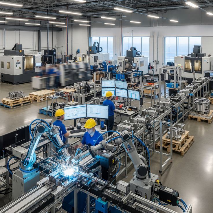 Modern manufacturing facility with robotic automation and workers managing production lines