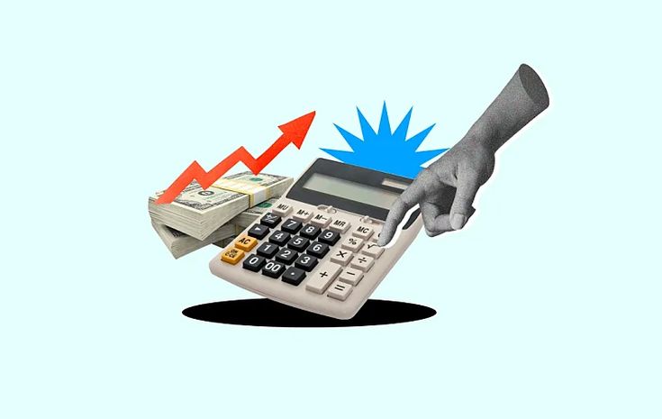 Calculator with money stacks and upward arrow representing CRM pricing analysis
