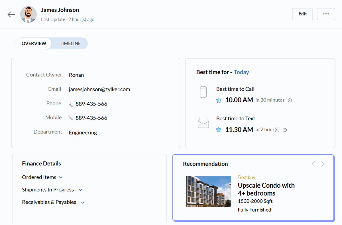 Zoho CRM contact record showing Zia's recommended best time to call and best time to text