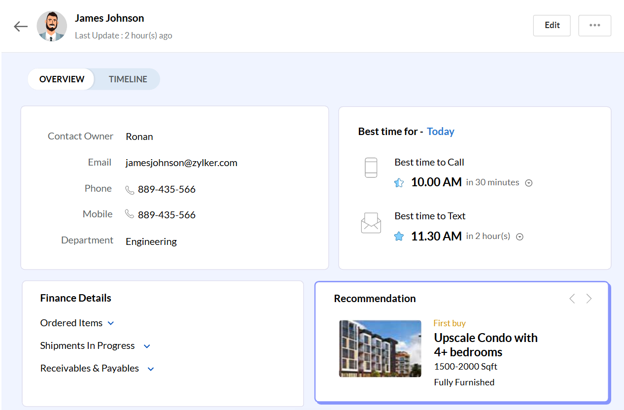 Zoho CRM contact record showing Zia's recommended best time to call and best time to text