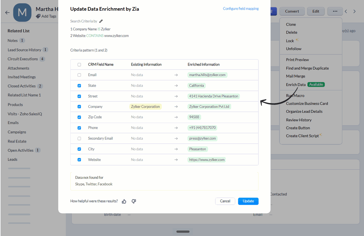 Zoho CRM data enrichment by Zia showing existing and enriched contact information side by side