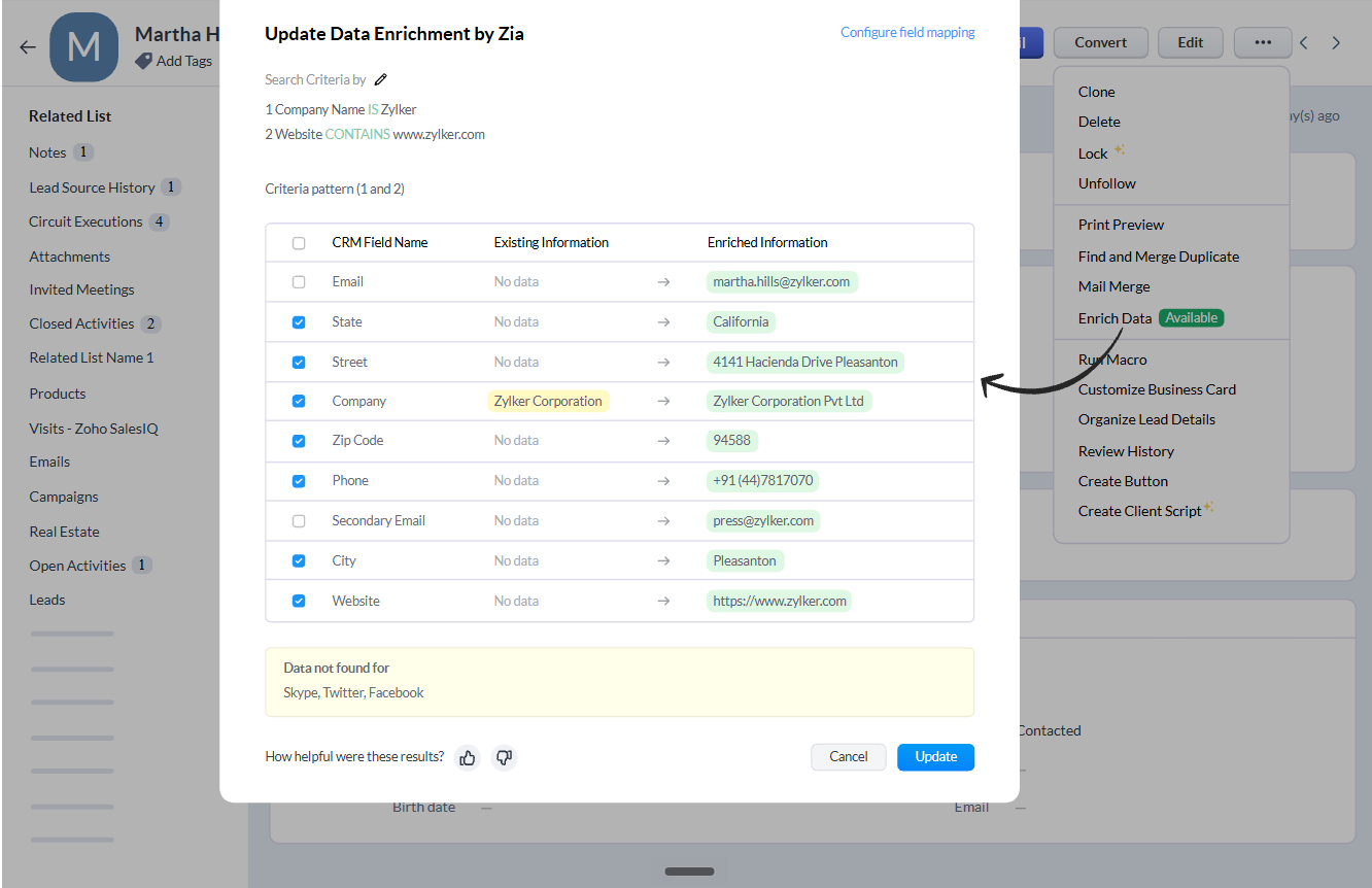 Zoho CRM data enrichment by Zia showing existing and enriched contact information side by side