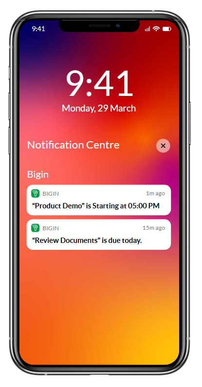 Bigin by Zoho CRM mobile notifications showing real-time alerts for product demos and task reminders